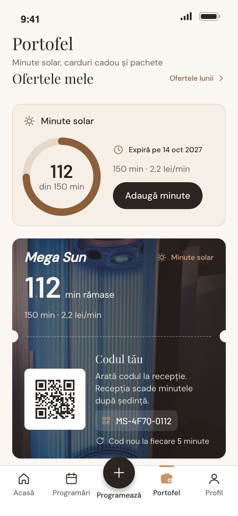 Portofelul din aplicația MegaSun cu cardul de minute solar și codul QR